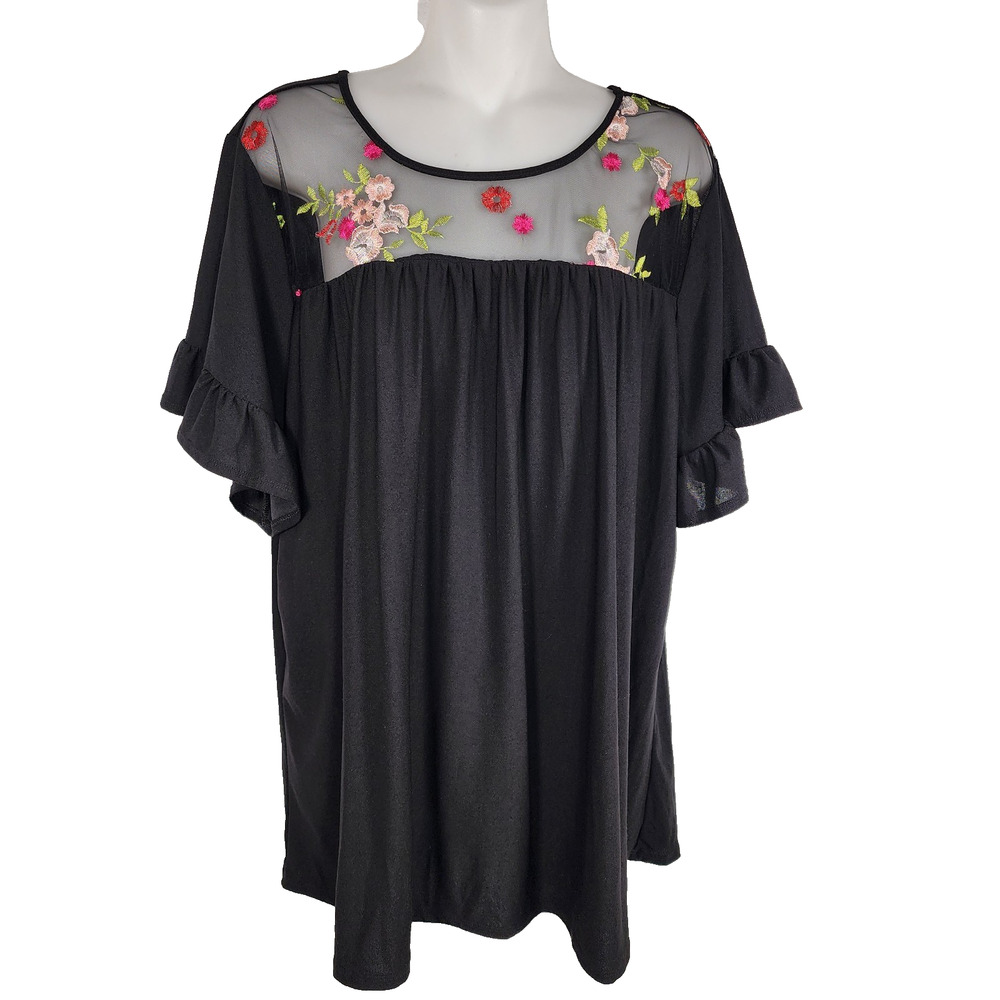 Kristin Nicole Women’s Tunic Top 3X Black Embroidered Floral Bell Sleeve Mesh